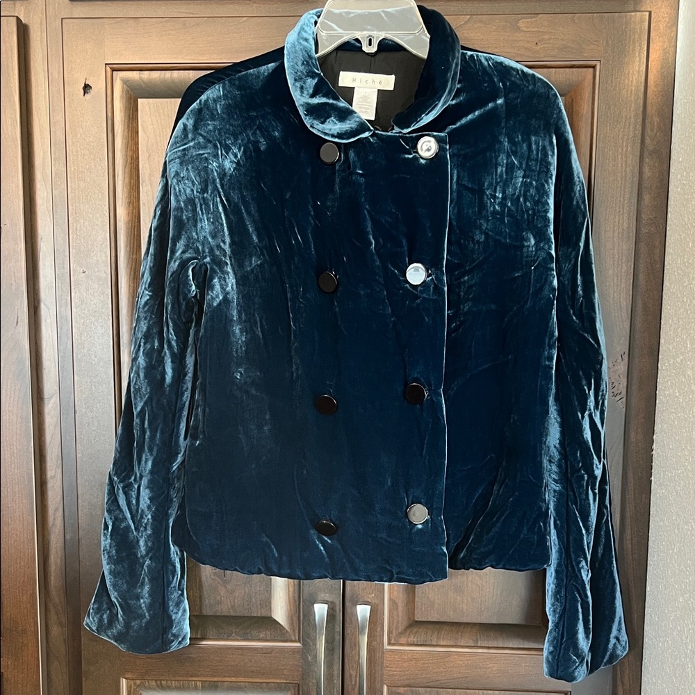 Elegant Velvet Double-Breasted Pea Coat in Rich Blue